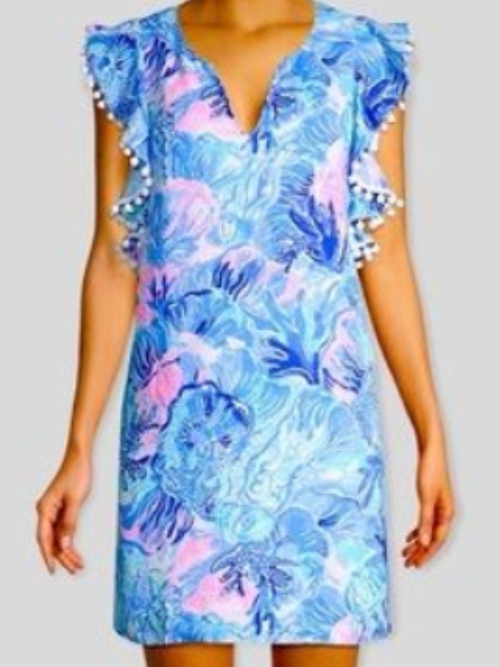 Lilly Pulitzer Blue & Pink Floral Pom-Pom Trim Casual Dress